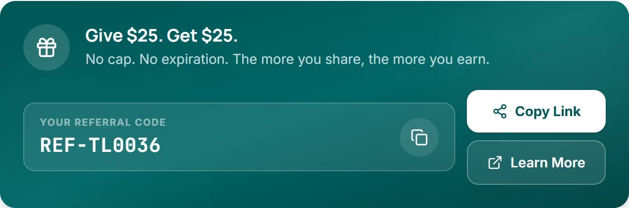 Order confirmation revealing your new referral code