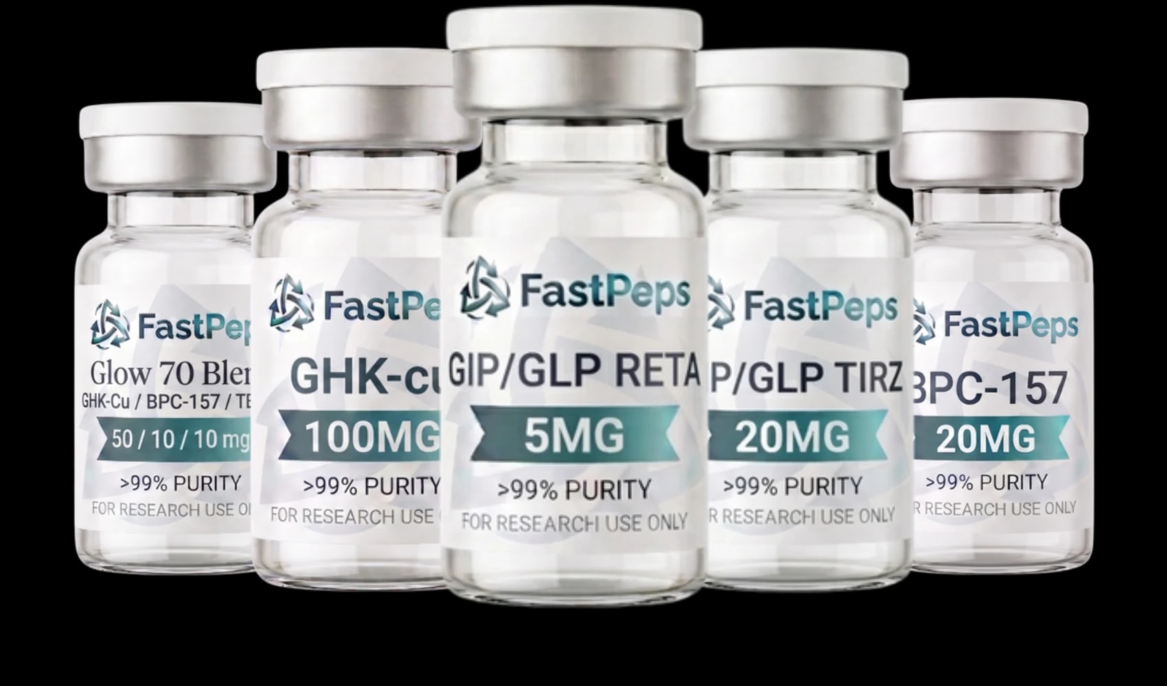 A lineup of FastPeps research peptide vials, each labeled >99% purity, for research use only